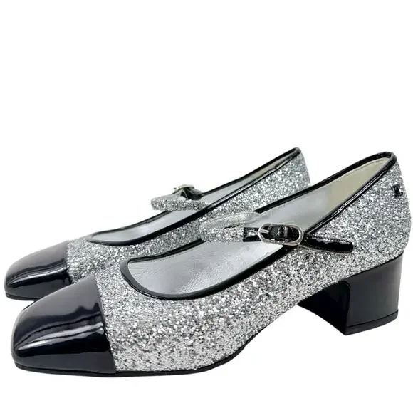 Chanel Glitter Patent Leather Cap Toe Mary Jane Pumps Silver Size 39.5 - Picture 3 of 12